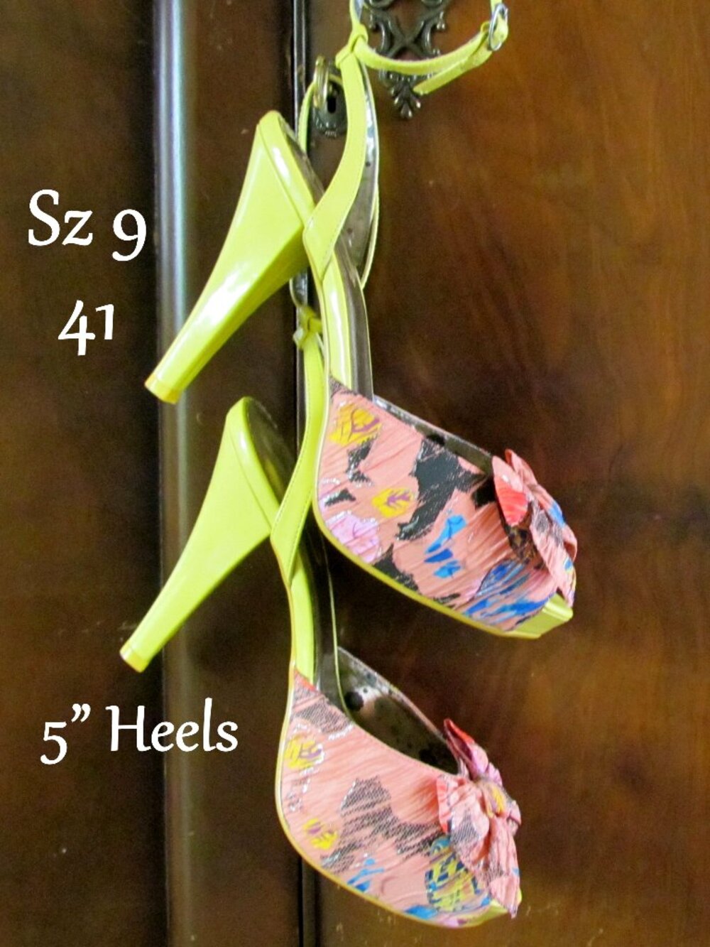 POETIC LICENSE SHOES, 9; 41, PINK & YELLOW BOWS, PLATFORM ANKLE STRAP 5" HEELS